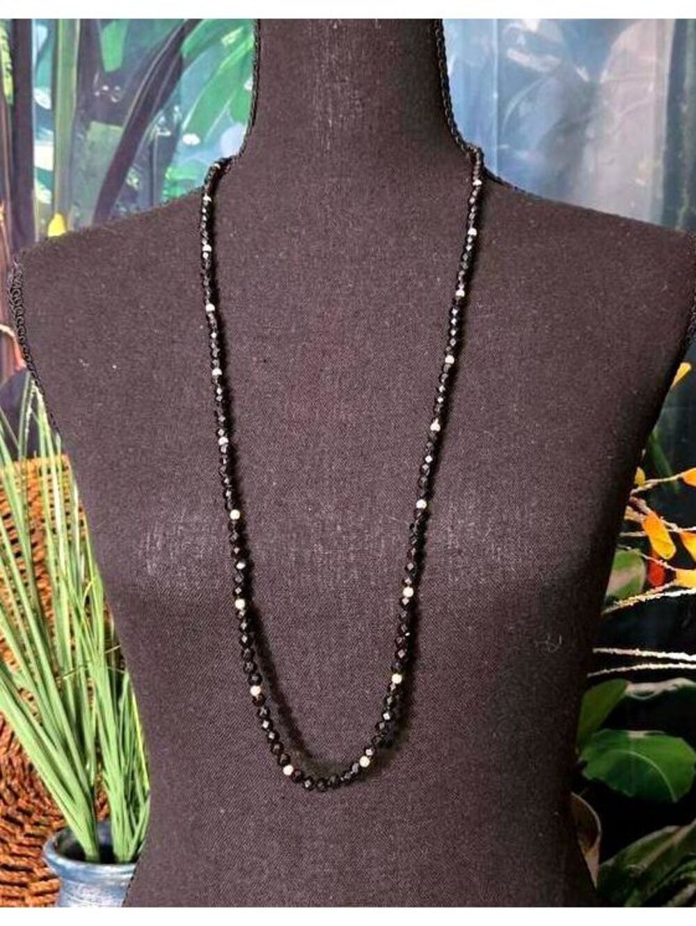 Vintage Black  Bead Necklace with White Accent Beads